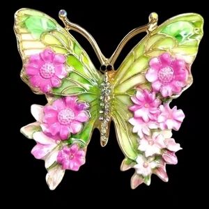 Butterfly Designs Pink and Green Enamel & Clear Rhinestones Floral Brooch